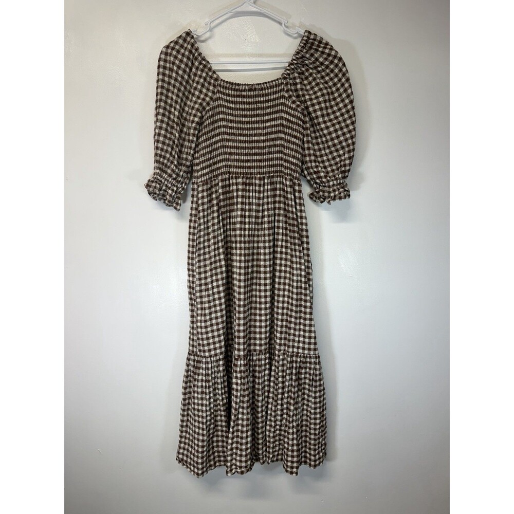 Madewell Lucie Smocked Gingham Midi Dress Brown White Puff Sleeve Cotton Sz XXS - Picture 16 of 16